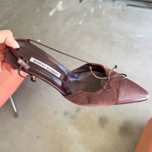 Manolo Blahnik Dark Brown Suede & Leather Pointed Slingback Heels